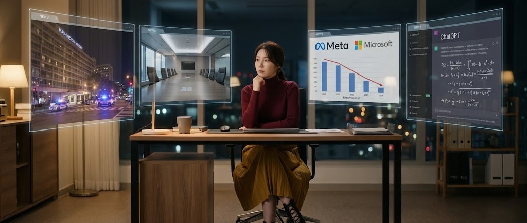 책상 위에 4개의 뉴스가 동시에 떠 있는 모습