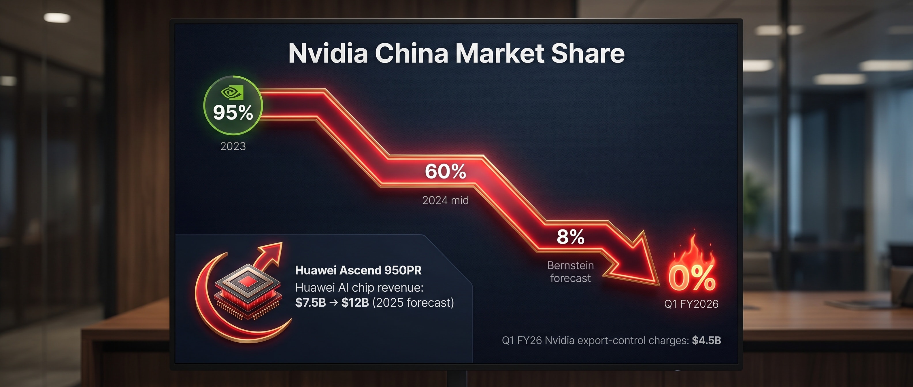 Nvidia 중국 점유율 95% → 0% 붕괴와 화웨이 Ascend 부상 인포그래픽