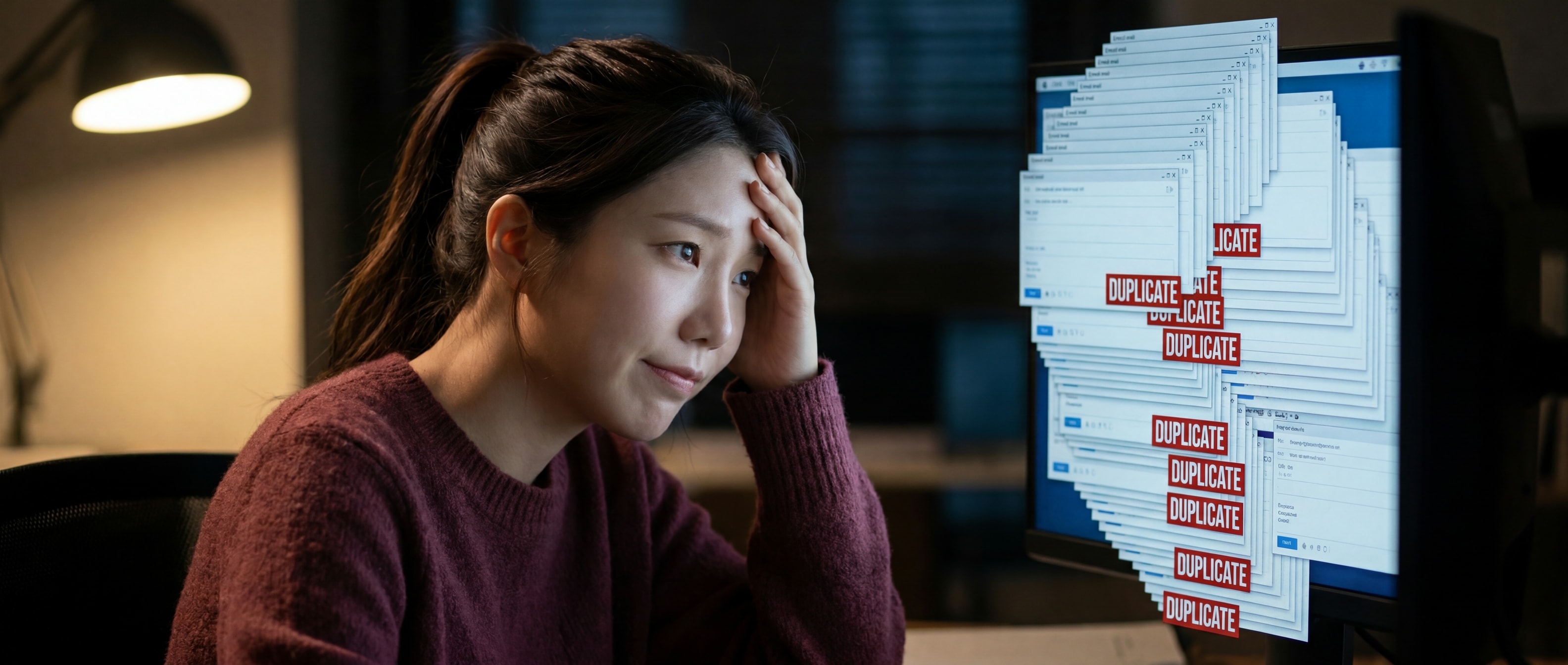 AI 중복 제보 더미를 바라보는 루나