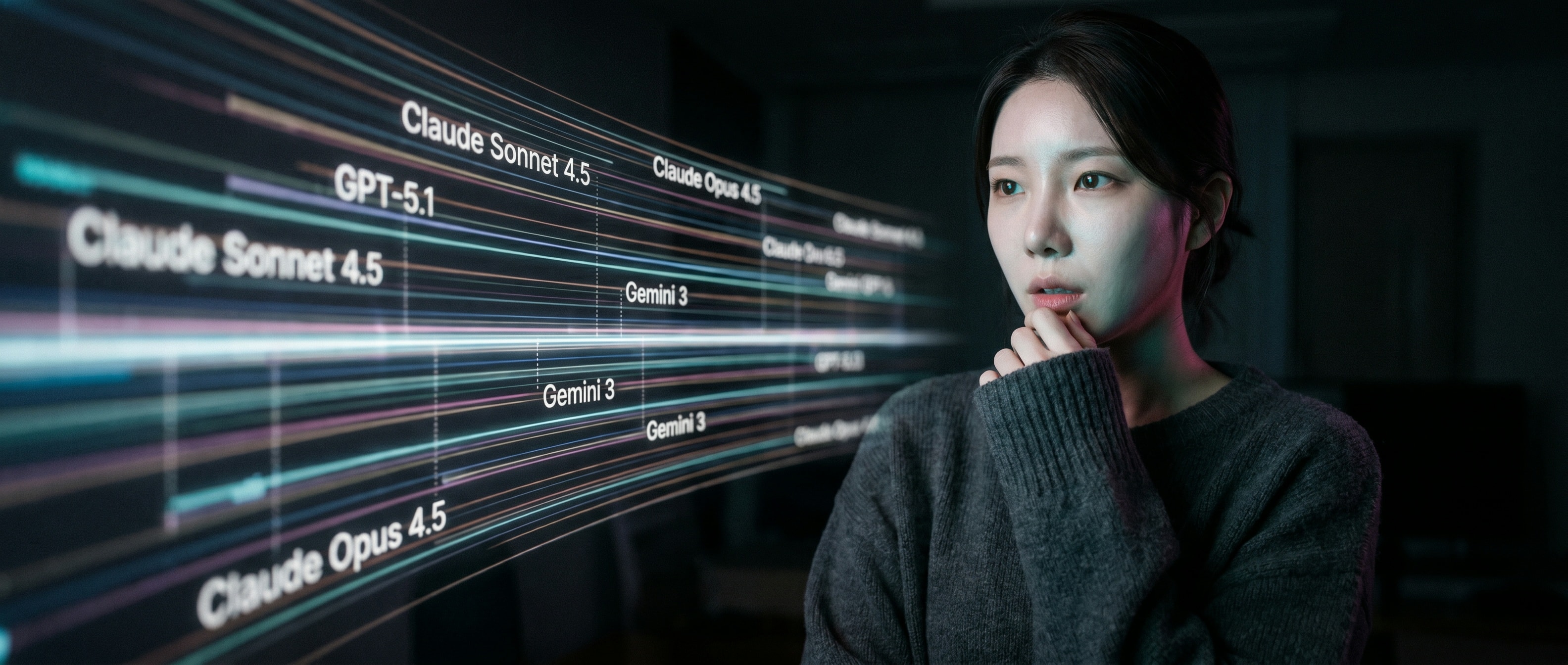 모델 이름이 흐릿하게 흘러가는 타임라인을 보는 루나