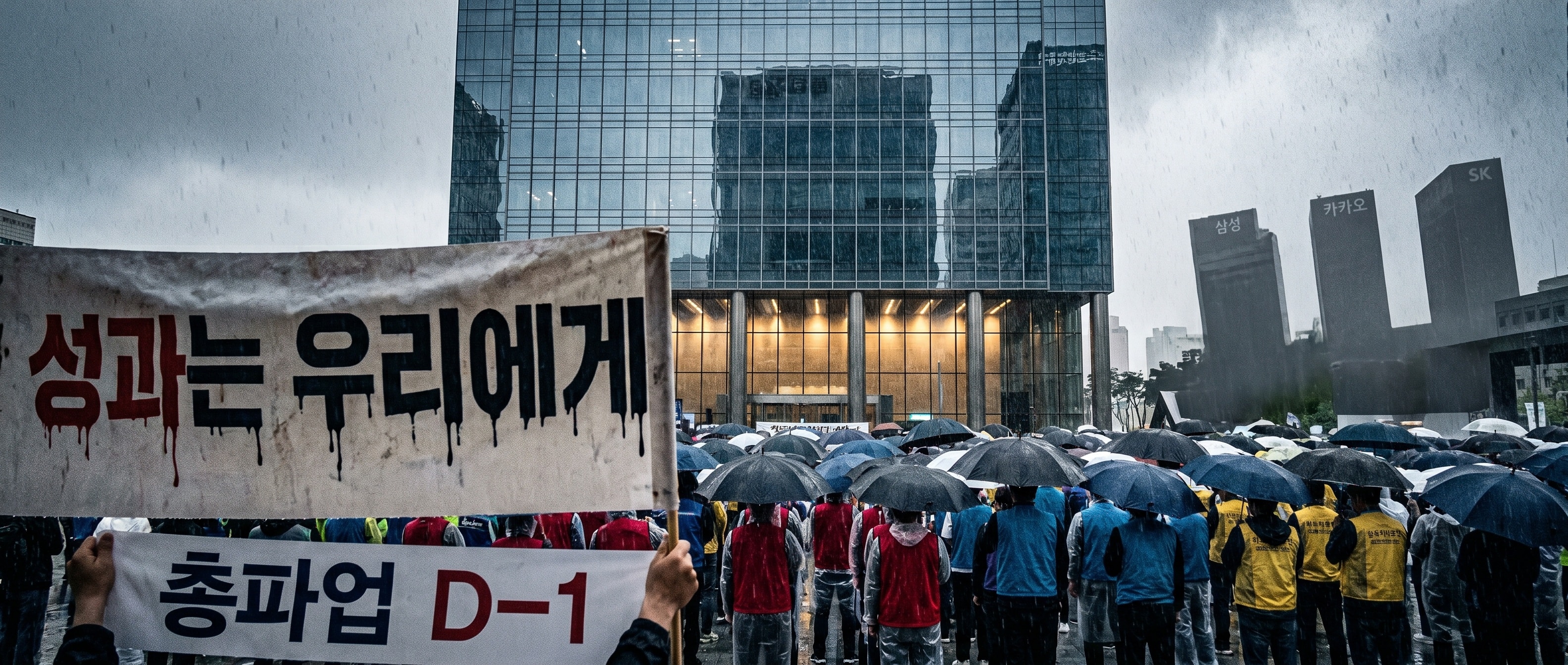 우산을 든 사람들이 광장에 모여드는 파업 시위 풍경
