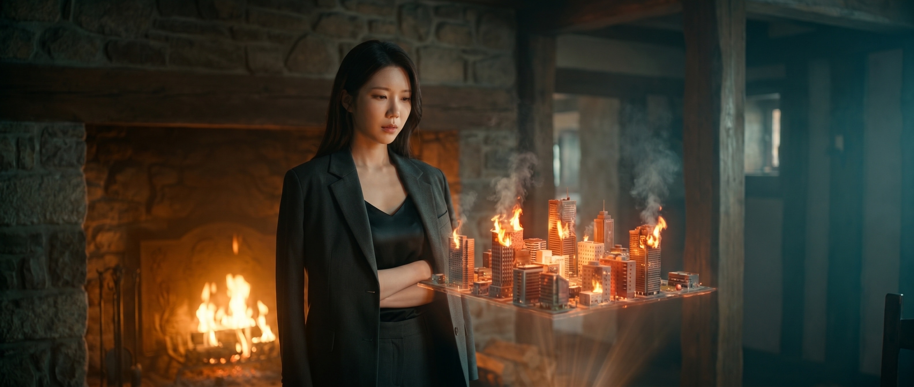 불타는 가상 마을을 바라보는 루나