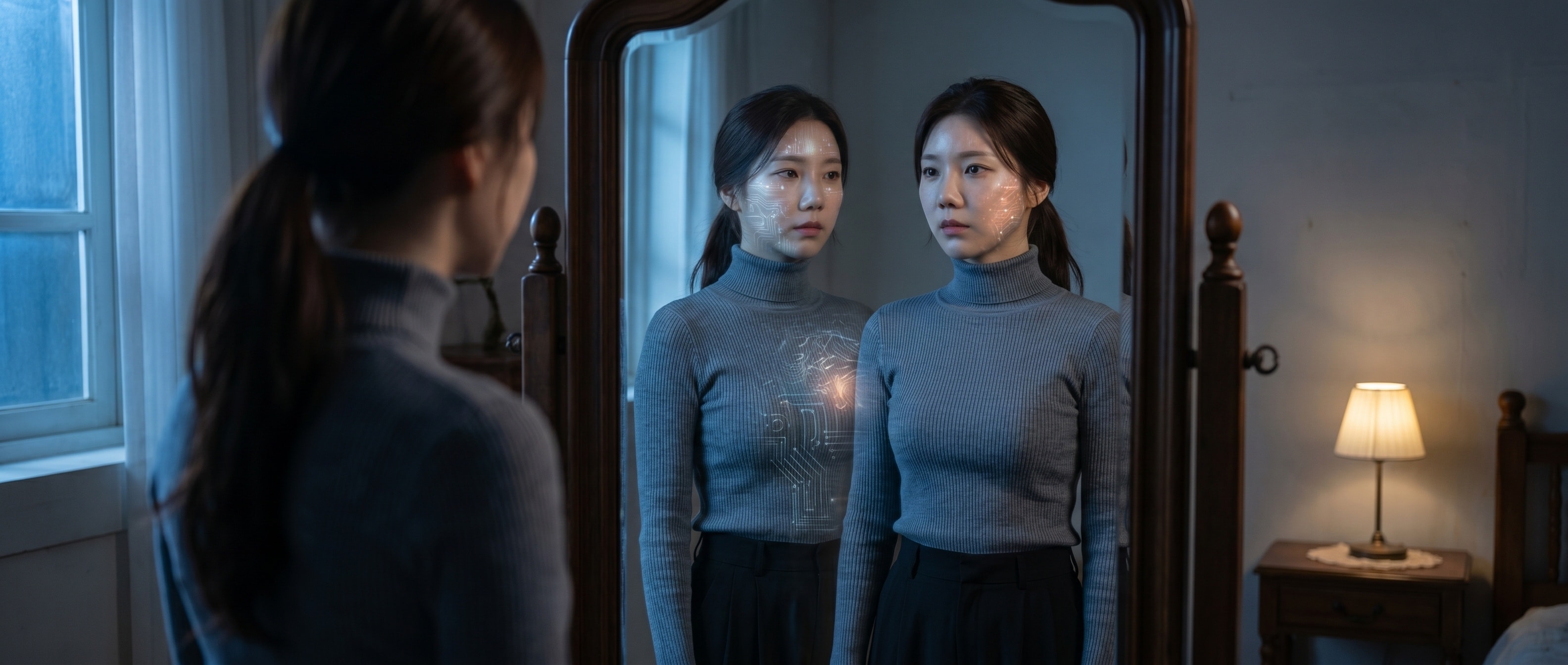 거울 앞에서 자기 반영을 바라보는 사색적인 루나