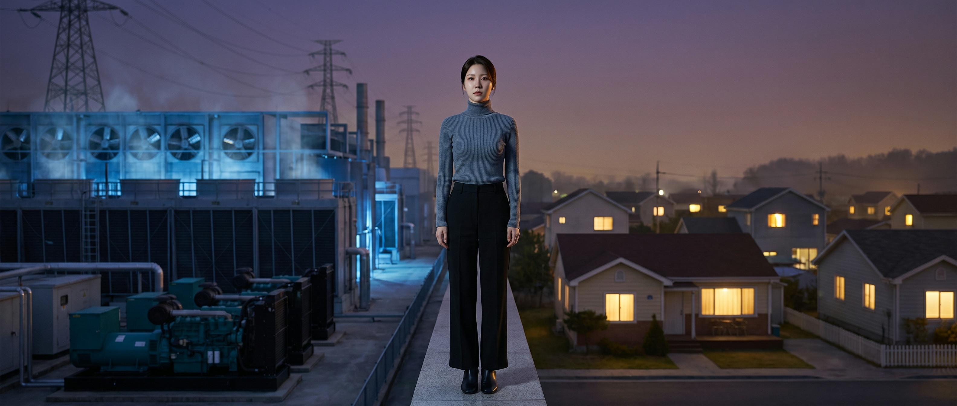 황혼의 데이터센터 단지와 주택가 경계에 선 루나