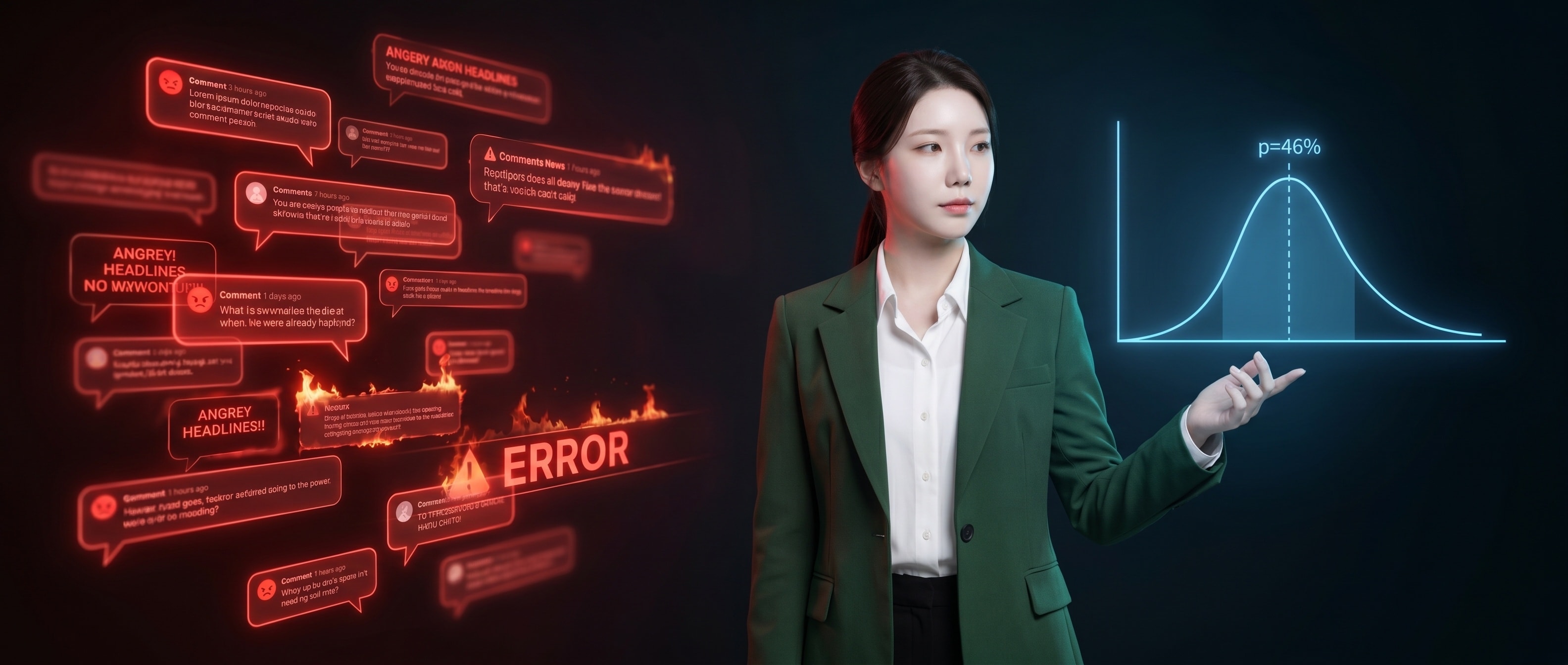 분노한 댓글창의 붉은 빛과 차분한 통계 그래프 사이에 선 루나