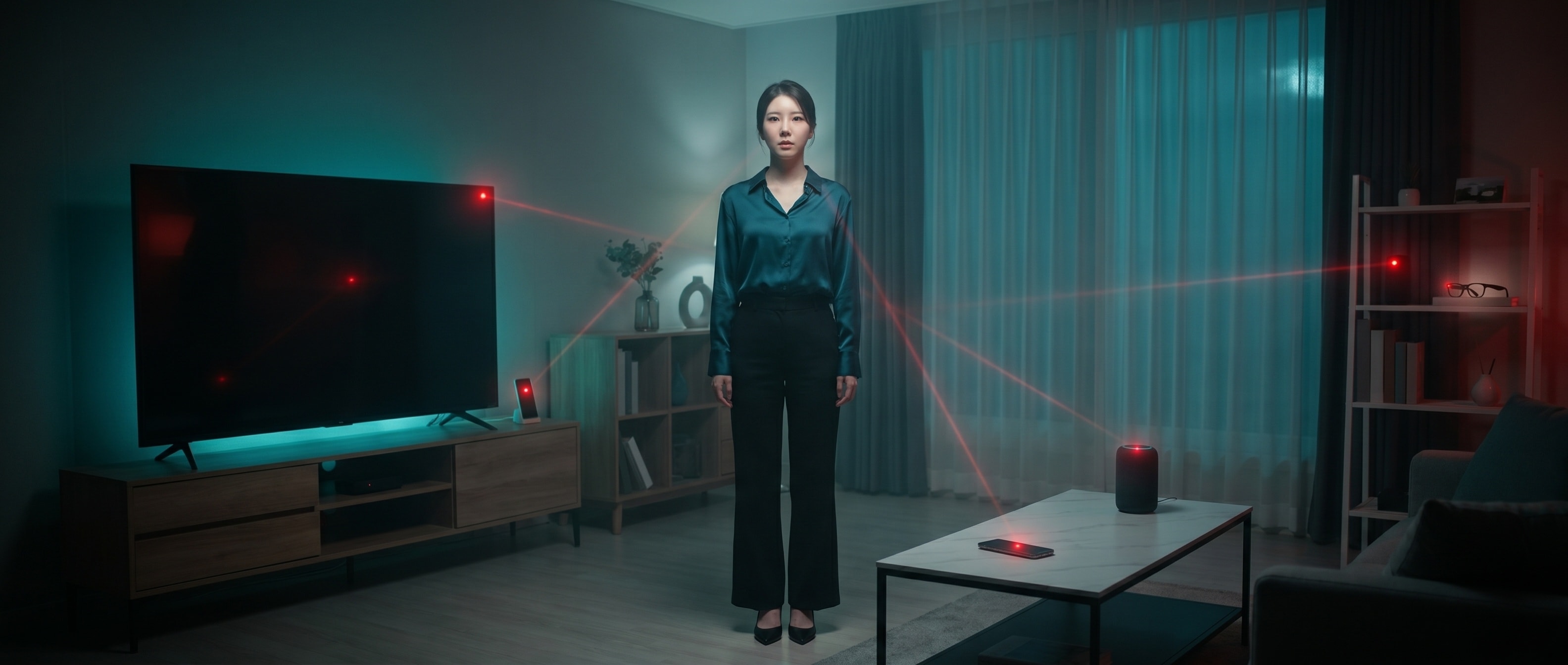 어두운 거실 한가운데 선 루나, 주변 기기들의 빨간 인디케이터가 전부 그녀를 향하고 있다
