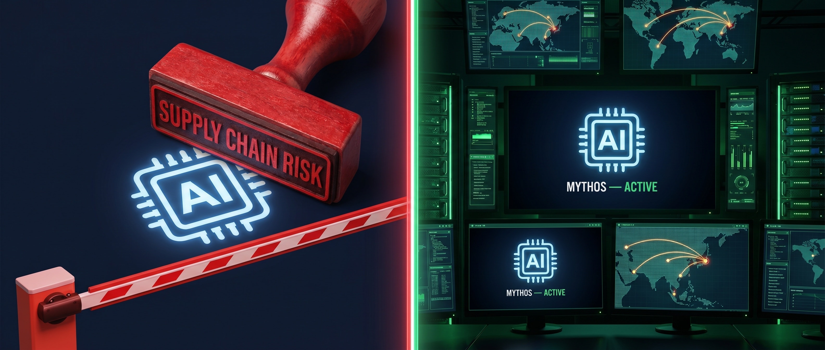 한쪽 손은 'SUPPLY CHAIN RISK' 도장으로 막고, 다른 쪽 손은 NSA 안에서 작동하는 시스템을 켜는 대비 시각화