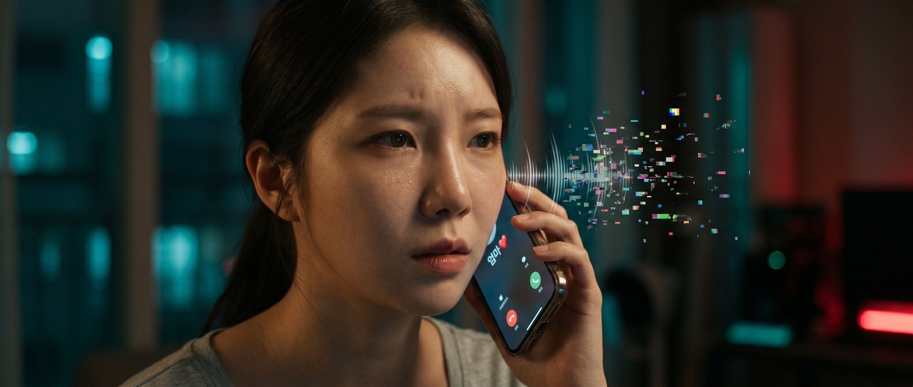 가족 발신자 표시가 뜬 스마트폰을 든 루나, 화면에서 나오는 음파가 디지털 파편으로 깨지고 있다