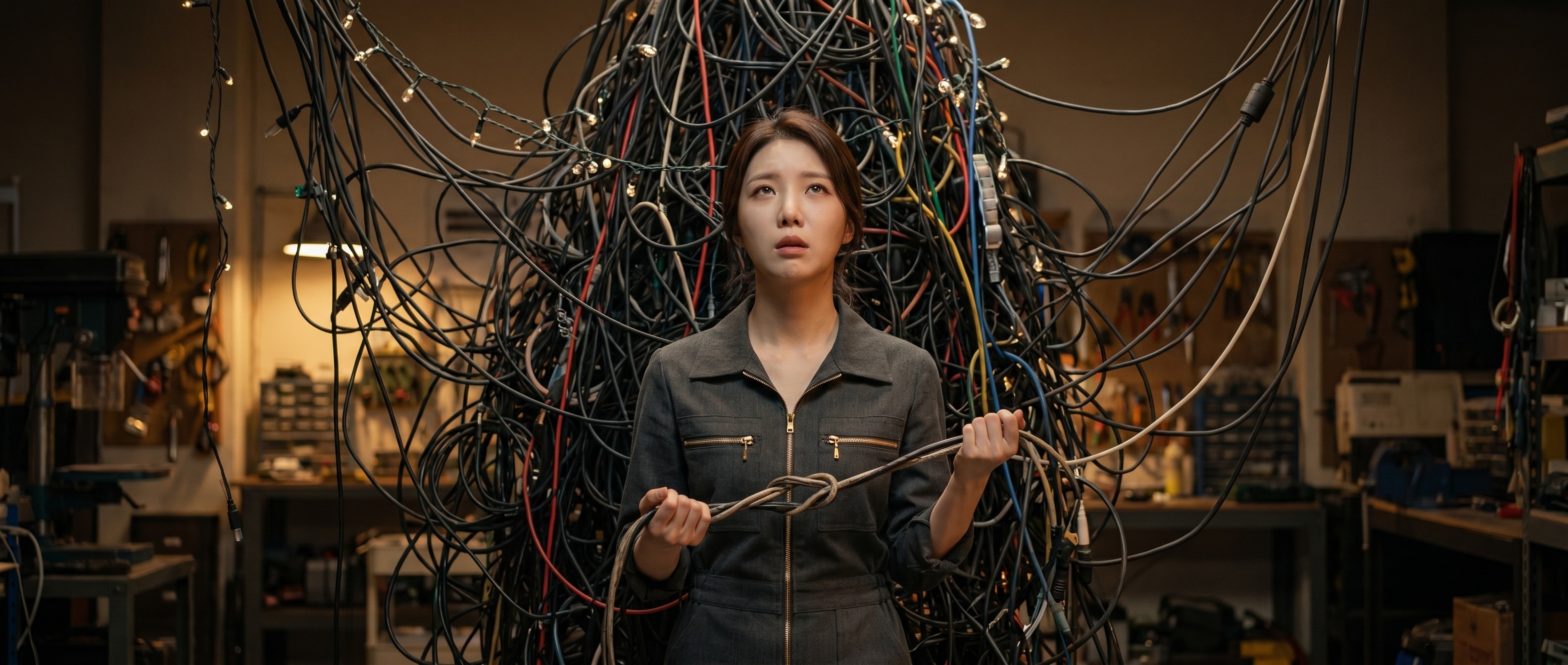 엉킨 케이블 다발 앞에서 난감해하는 루나