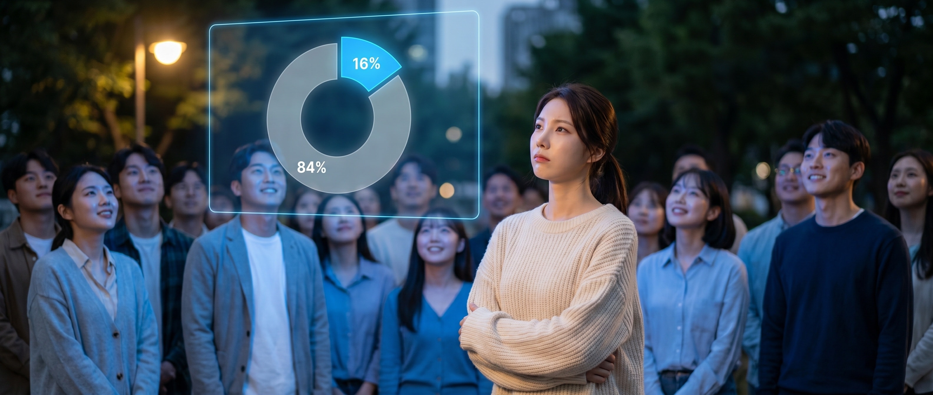 군중 속에서 AI를 상징하는 빛나는 인터페이스를 바라보는 사람들, 16% positive vs 84% 도넛 차트가 떠 있고 회의적 표정으로 지켜보는 루나