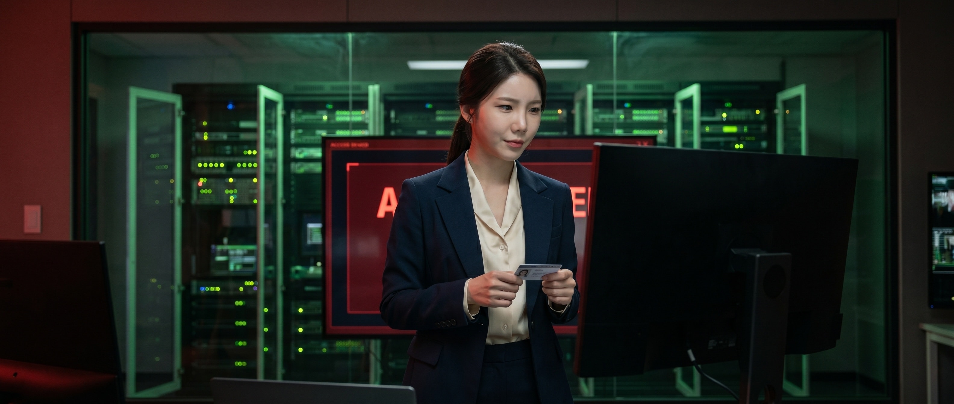 어두운 방송 컨트롤룸, 정면 화면엔 빨간 ACCESS DENIED, 그 뒤 유리벽 너머 서버 랙이 다 열려 빛나는 가운데 ID 카드를 든 루나