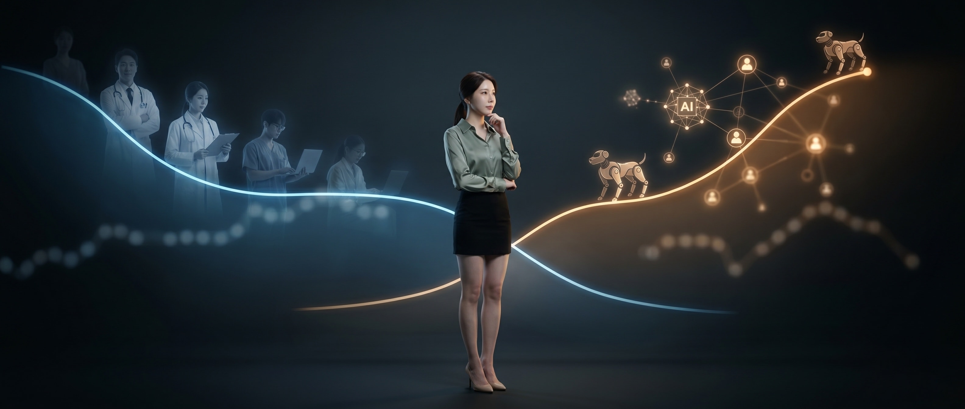 어두운 공간에서 두 개의 곡선 — 하나는 내려가고 하나는 올라가는 — 사이에 선 루나
