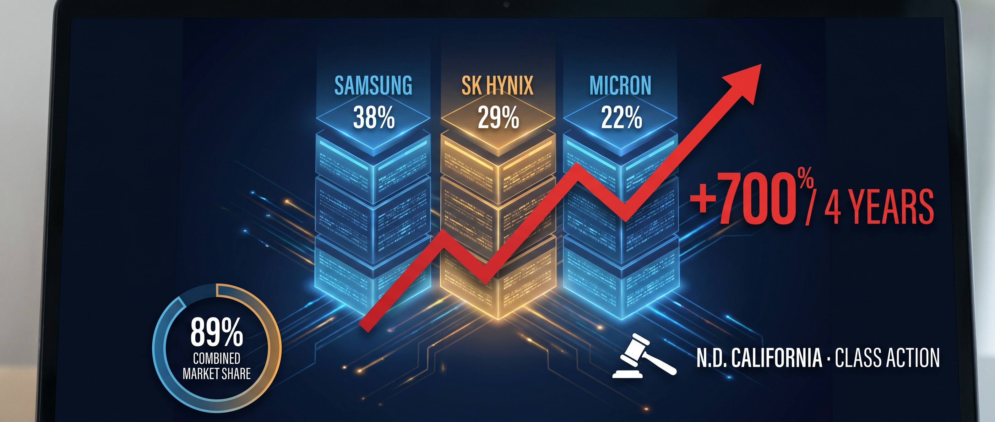 D램 3사 시장점유율 89%와 4년간 700% 가격 상승을 보여주는 담합 소송 인포그래픽
