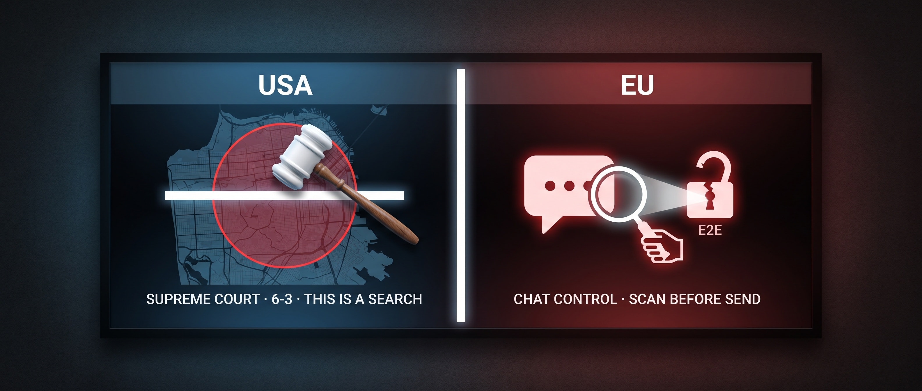 미국 대법원의 지오펜스 제동과 EU Chat Control의 메시지 스캐닝을 좌우로 대비한 인포그래픽