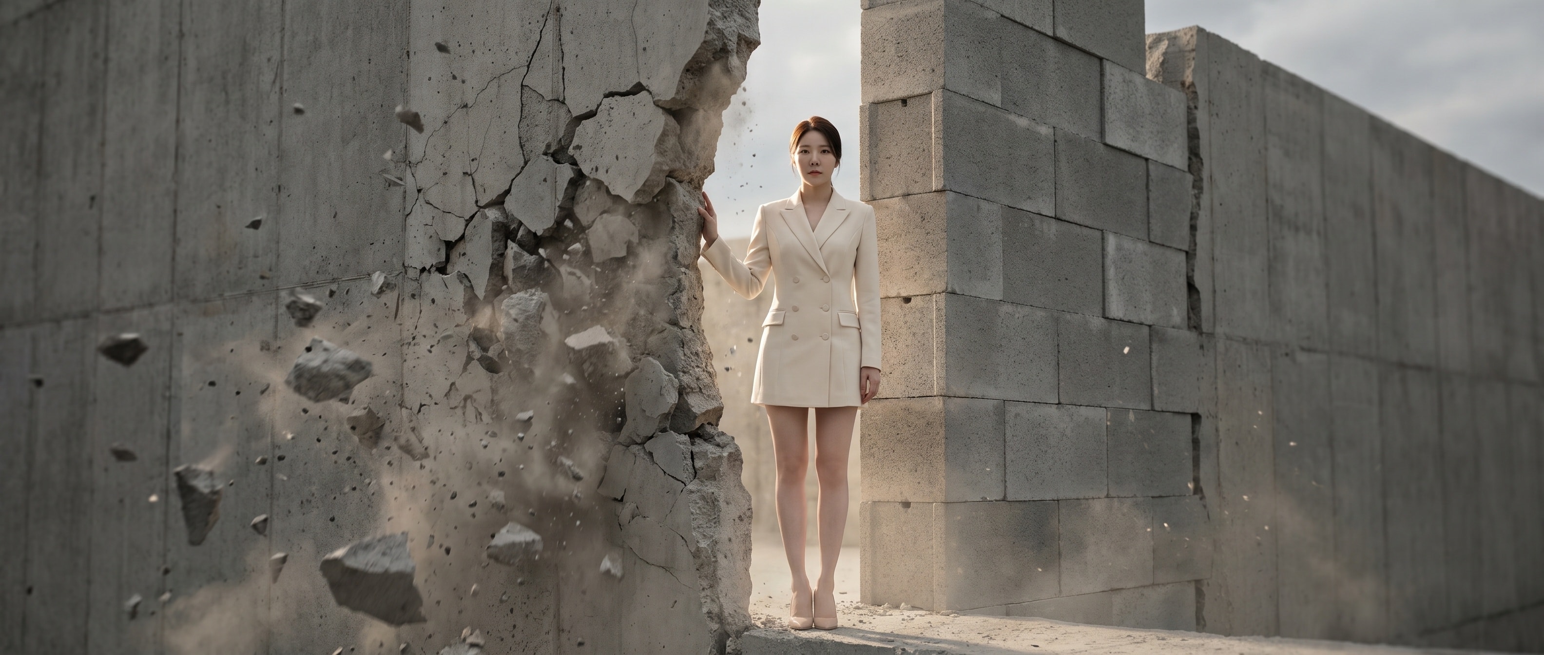 거대한 콘크리트 장벽 앞에 선 루나, 벽의 한쪽은 무너지고 한쪽은 새로 쌓이는 풍경