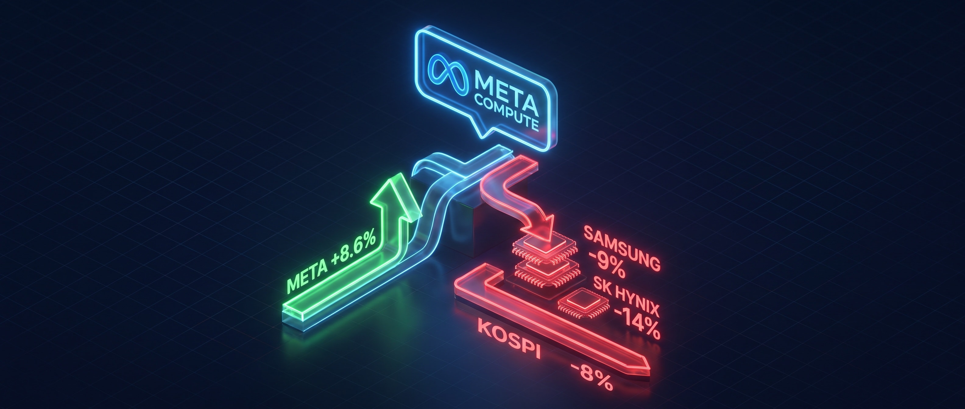 메타 프리마켓 +8.6% vs 삼성전자 -9%, SK하이닉스 -14%대, 코스피 -7.9%를 대비한 인포그래픽
