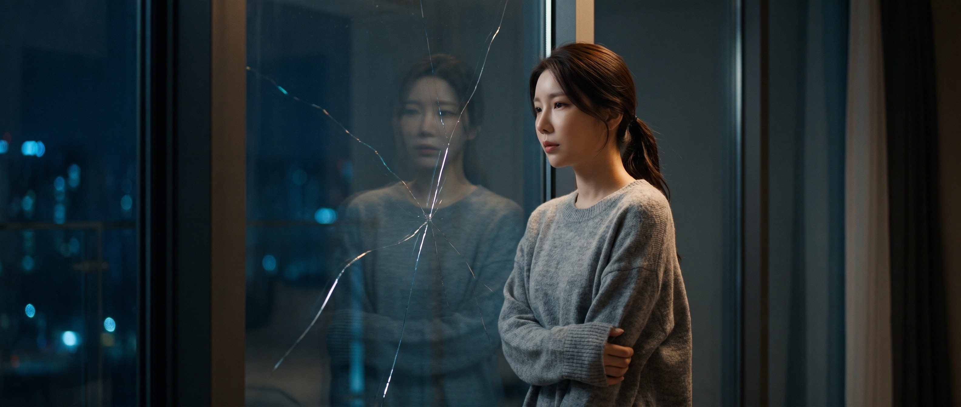 세 개의 균열이 그려진 유리 벽 앞에 서서 생각에 잠긴 루나
