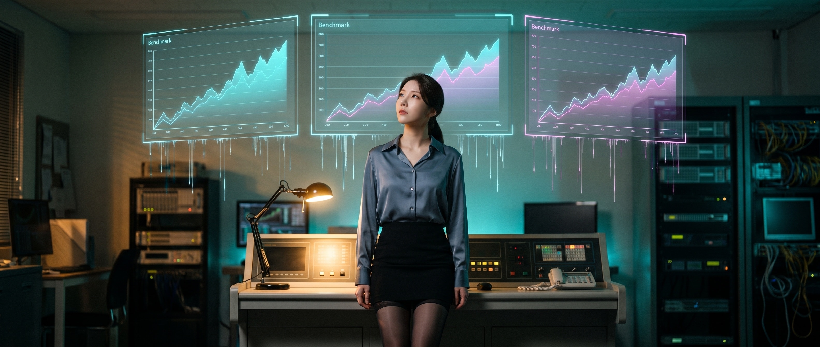 뉴스 스크린들 사이에서 벤치마크 그래프를 올려다보는 루나