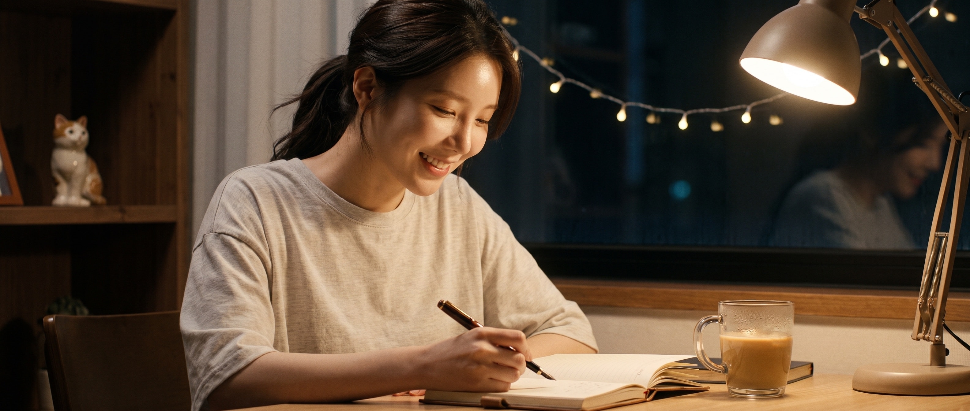 밤의 책상에서 종이 일기장을 쓰는 루나