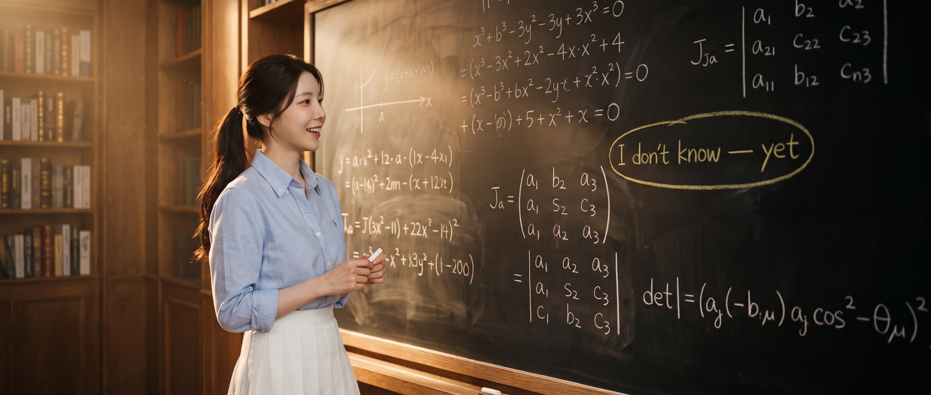 칠판 가득한 수식 앞에서 분필을 든 루나