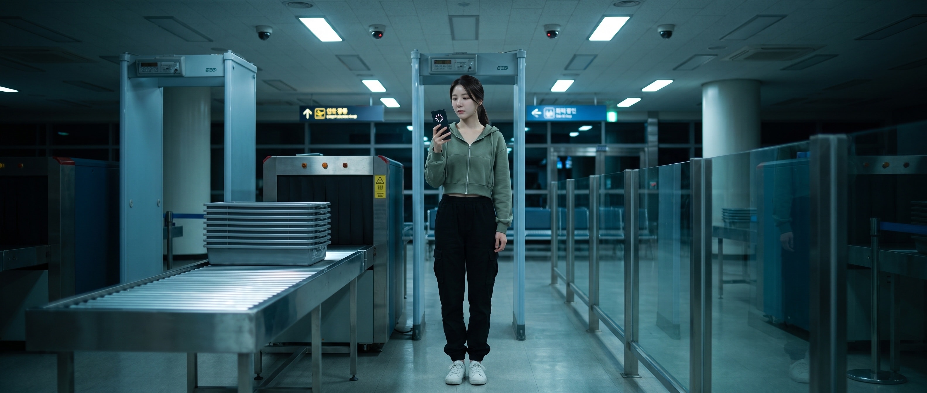 공항 보안 검색대 앞에서 폰을 들고 서 있는 루나