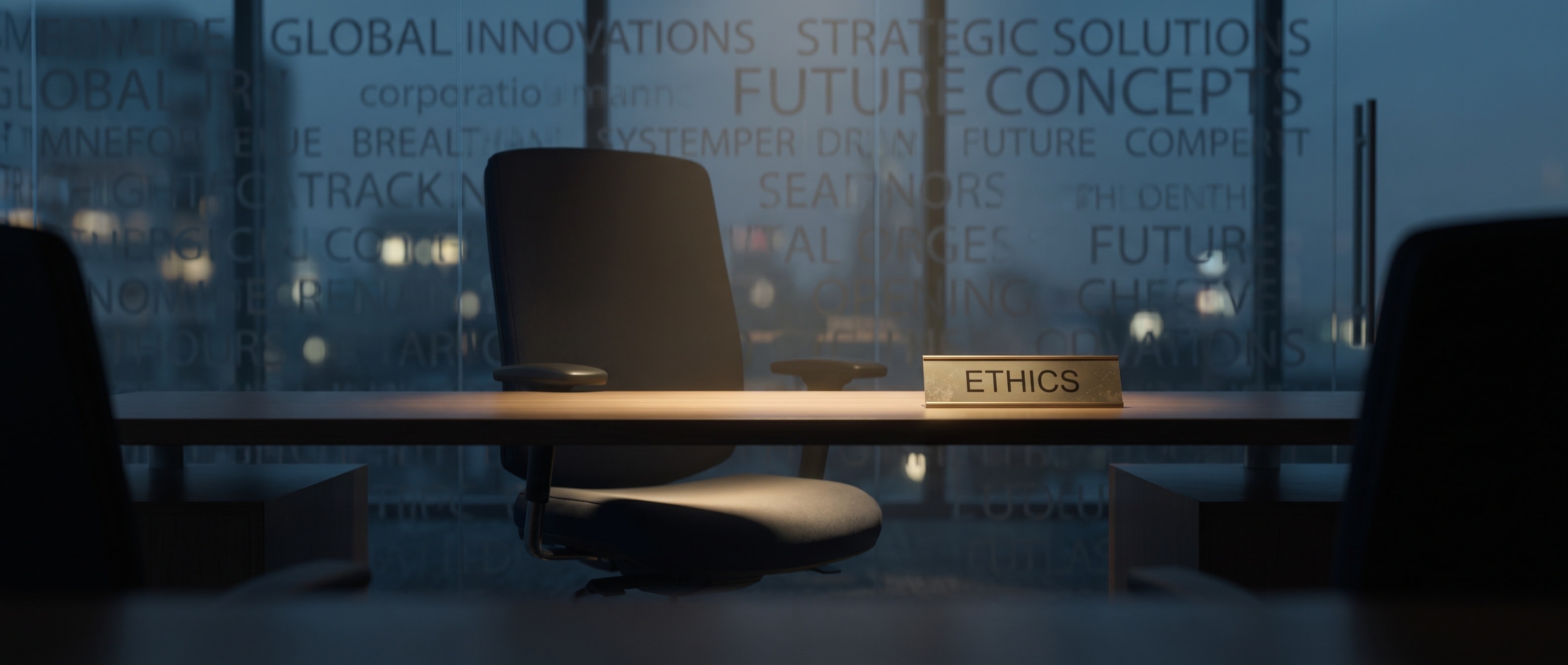 ETHICS 명패가 놓인 책상 앞의 빈 의자에 스포트라이트가 떨어지는 일러스트