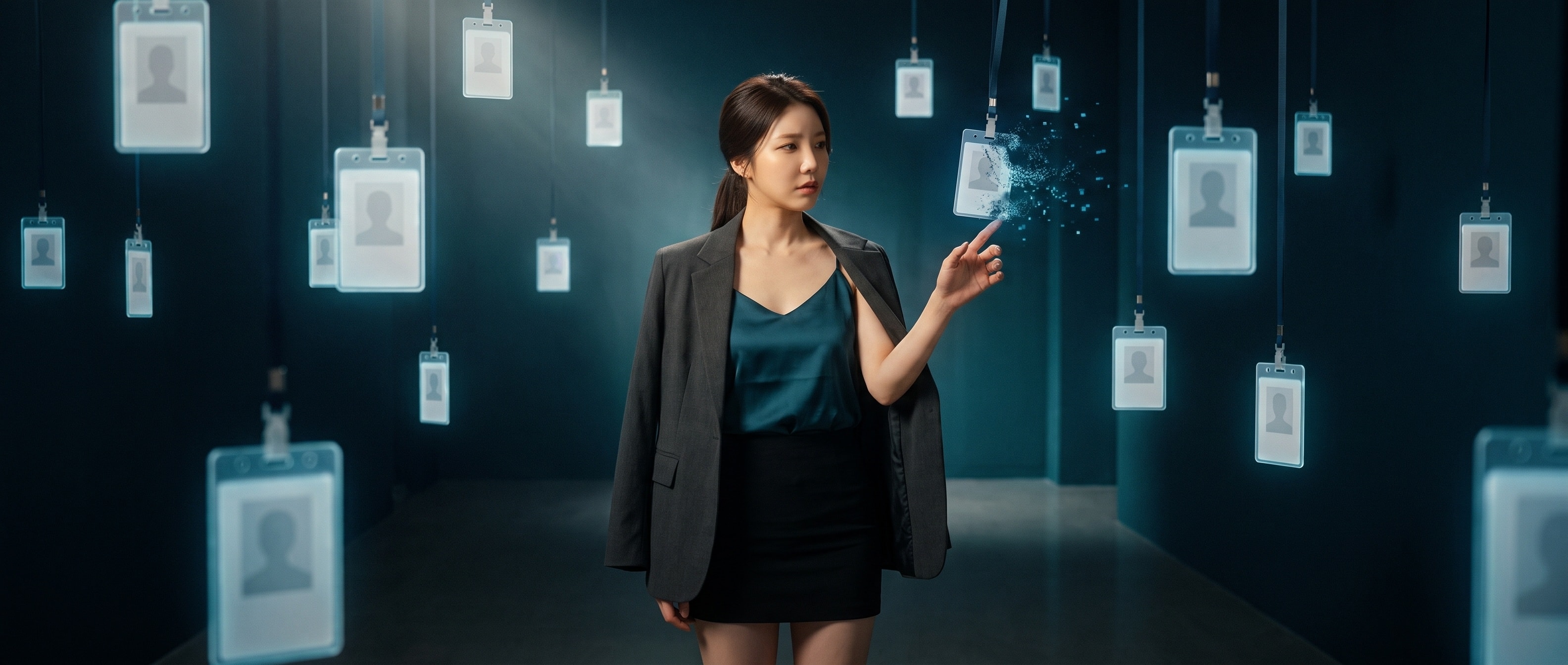 명찰이 픽셀로 흩어지는 복도에 선 루나