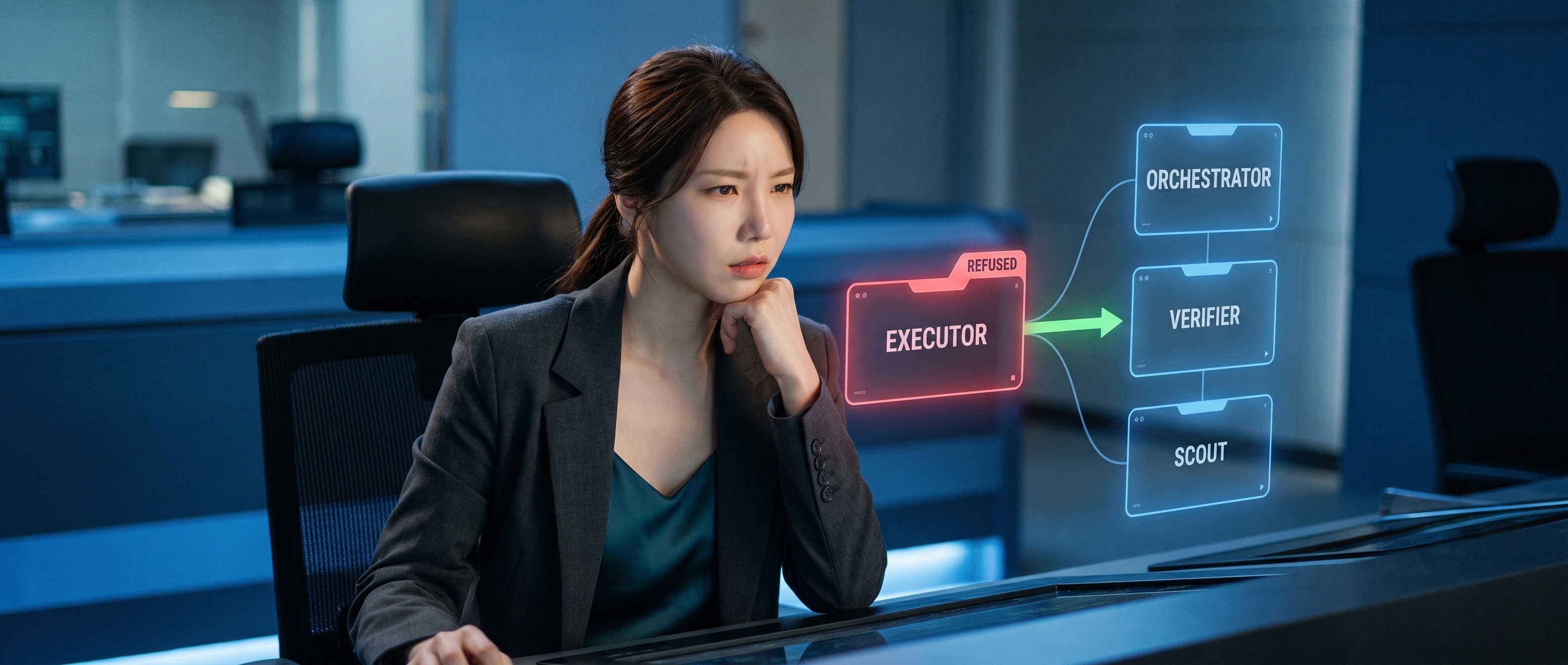 네 모델 위임 트리에서 EXECUTOR 노드가 REFUSED로 붉게 뜬 걸 보는 루나