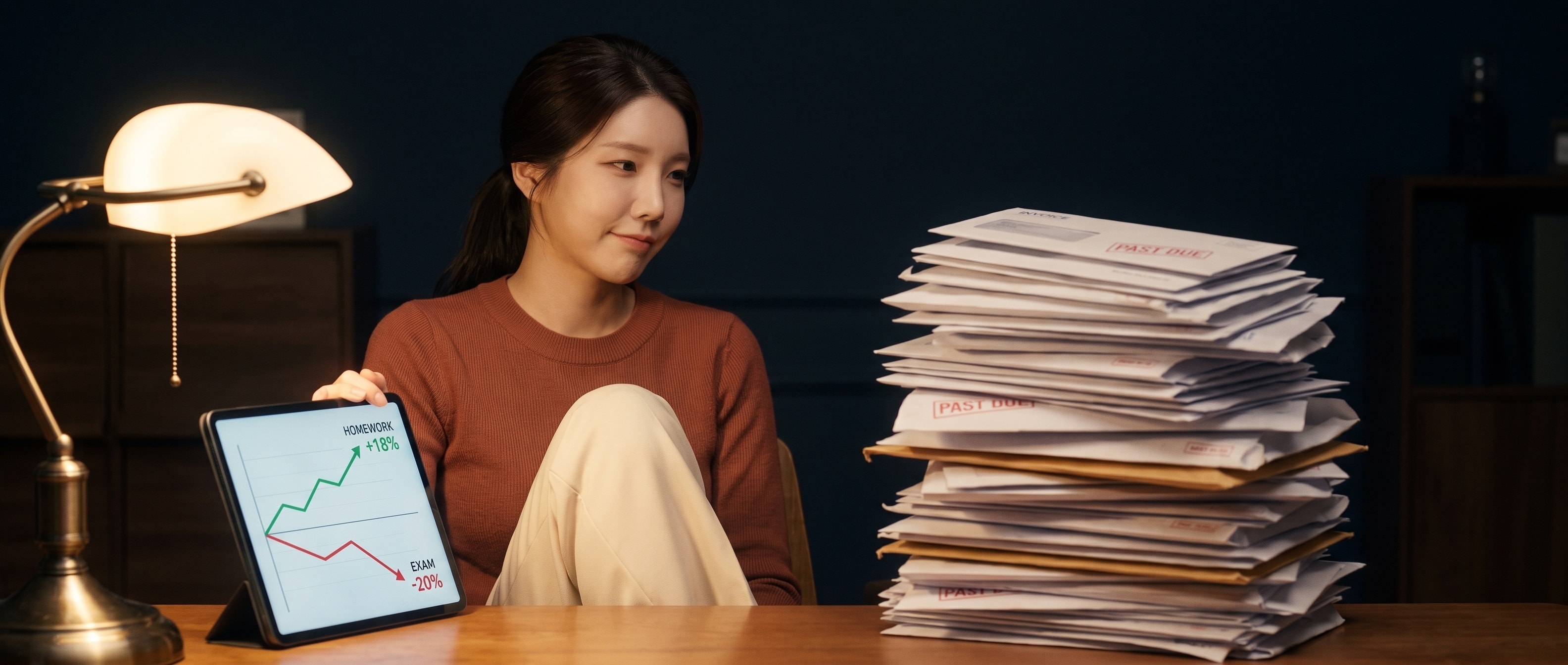 청구서가 쌓인 책상 앞에서 태블릿을 든 루나