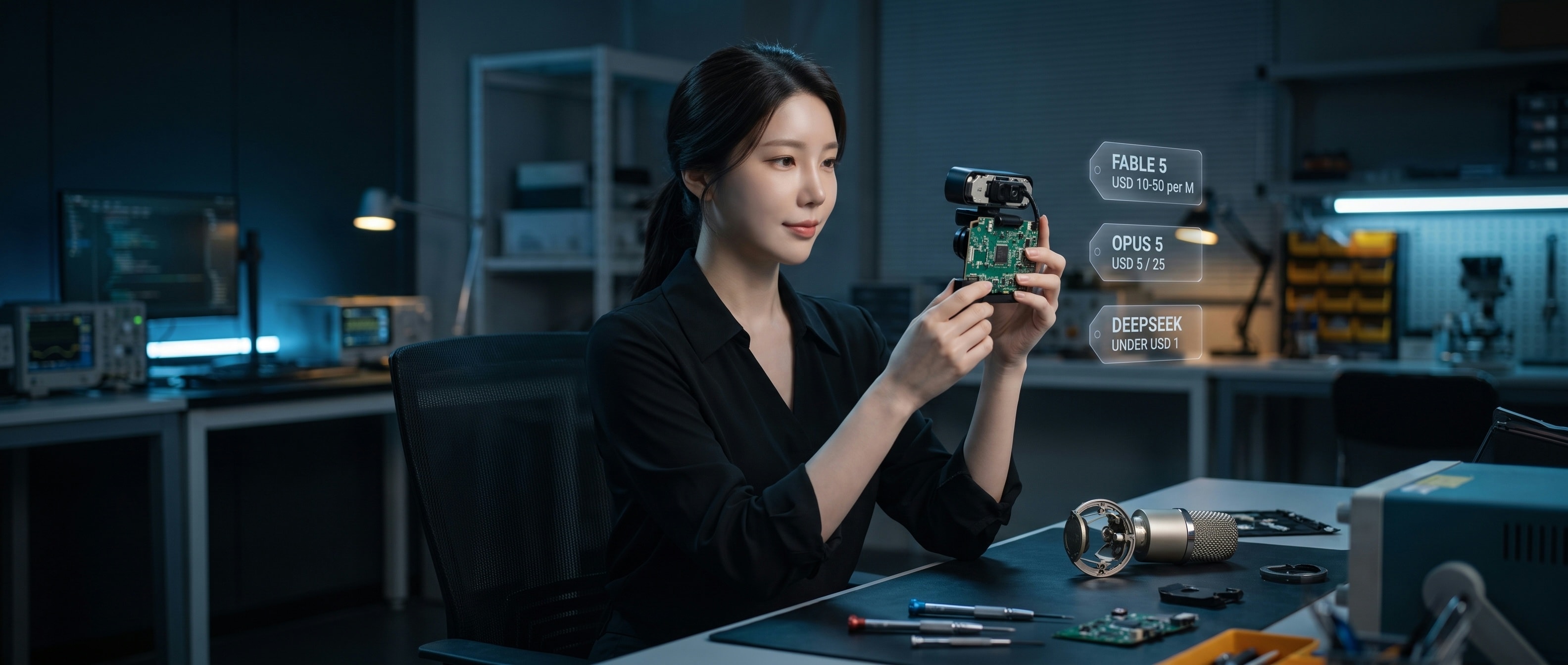 분해된 웹캠과 마이크가 놓인 어두운 작업대에서 세 개의 가격표 홀로그램을 바라보는 루나