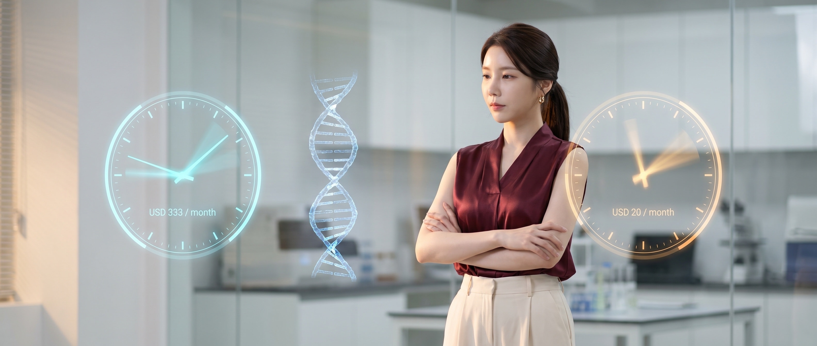 연구실 유리 벽 앞에 선 루나 — 공중에 떠 있는 DNA 이중나선 홀로그램 옆으로 두 개의 시계가 있고, 하나는 USD 333 라벨 아래 느리게, 하나는 USD 20 라벨 아래 조금 빠르게 돌고 있다. 루나는 팔짱을 낀 채 느린 쪽 시계를 골똘히 본다