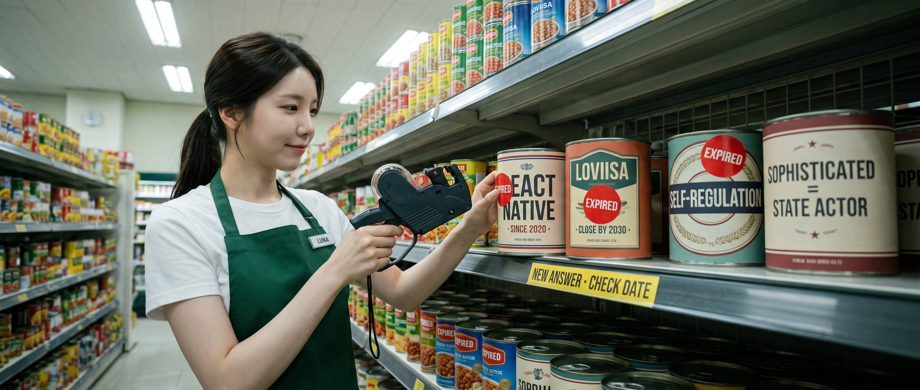형광등이 켜진 마트 통조림 진열대 앞에 선 루나 — 초록 앞치마에 LUNA 명찰을 달고 가격 라벨기를 든 채, REACT NATIVE · SINCE 2020, LOVIISA · CLOSE BY 2030, SELF-REGULATION, SOPHISTICATED = STATE ACTOR 라고 인쇄된 통조림마다 빨간 EXPIRED 스티커를 붙이고 있고, 선반 끝에는 NEW ANSWER · CHECK DATE 라고 적힌 노란 가격표가 꽂혀 있다