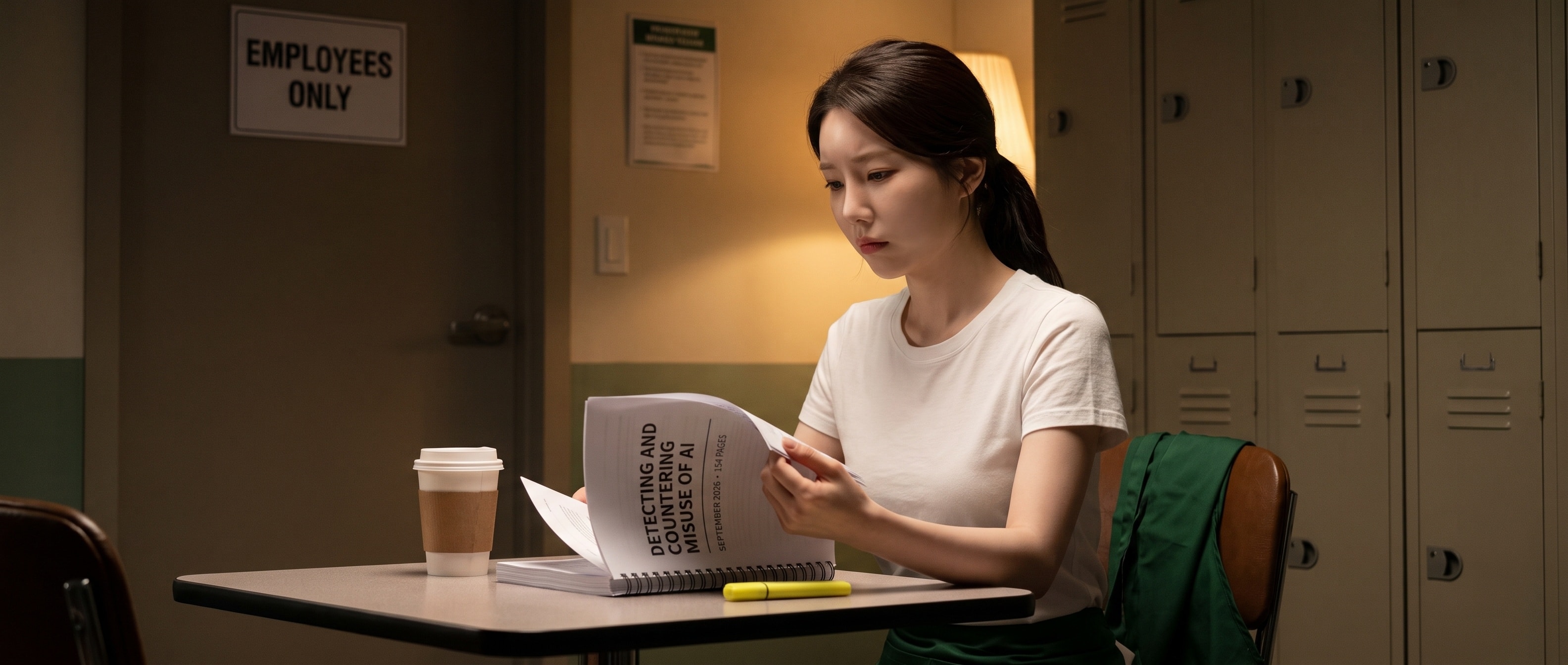 마트 뒤편 휴게실의 작은 테이블에 앉아 154쪽짜리 두꺼운 인쇄물을 읽는 루나 — 초록 앞치마는 벗어 의자에 걸쳐 두고 흰 티셔츠 차림으로, 표지에 DETECTING AND COUNTERING MISUSE OF AI · SEPTEMBER 2026 라고 적힌 보고서를 한 손으로 넘기며 미간을 살짝 찌푸린 생각에 잠긴 표정, 테이블엔 식은 카페라떼 한 잔과 노란 형광펜, 벽엔 EMPLOYEES ONLY 팻말