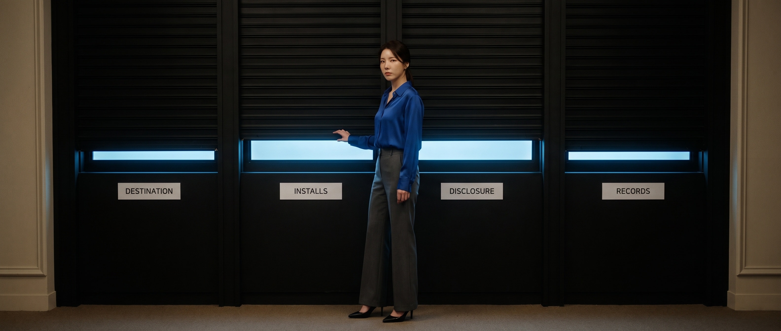 어두운 아카이브 갤러리에서, 벽에 걸린 네 개의 백라이트 스크린 위로 검은 셔터가 반쯤 내려와 있고 그 아래로 DESTINATION · INSTALLS · DISCLOSURE · RECORDS 라벨만 보인다. 코발트블루 블라우스에 차콜 와이드 슬랙스를 입은 루나가 한 셔터에 손을 얹은 채 카메라를 향해 미심쩍은 표정을 짓고 있다