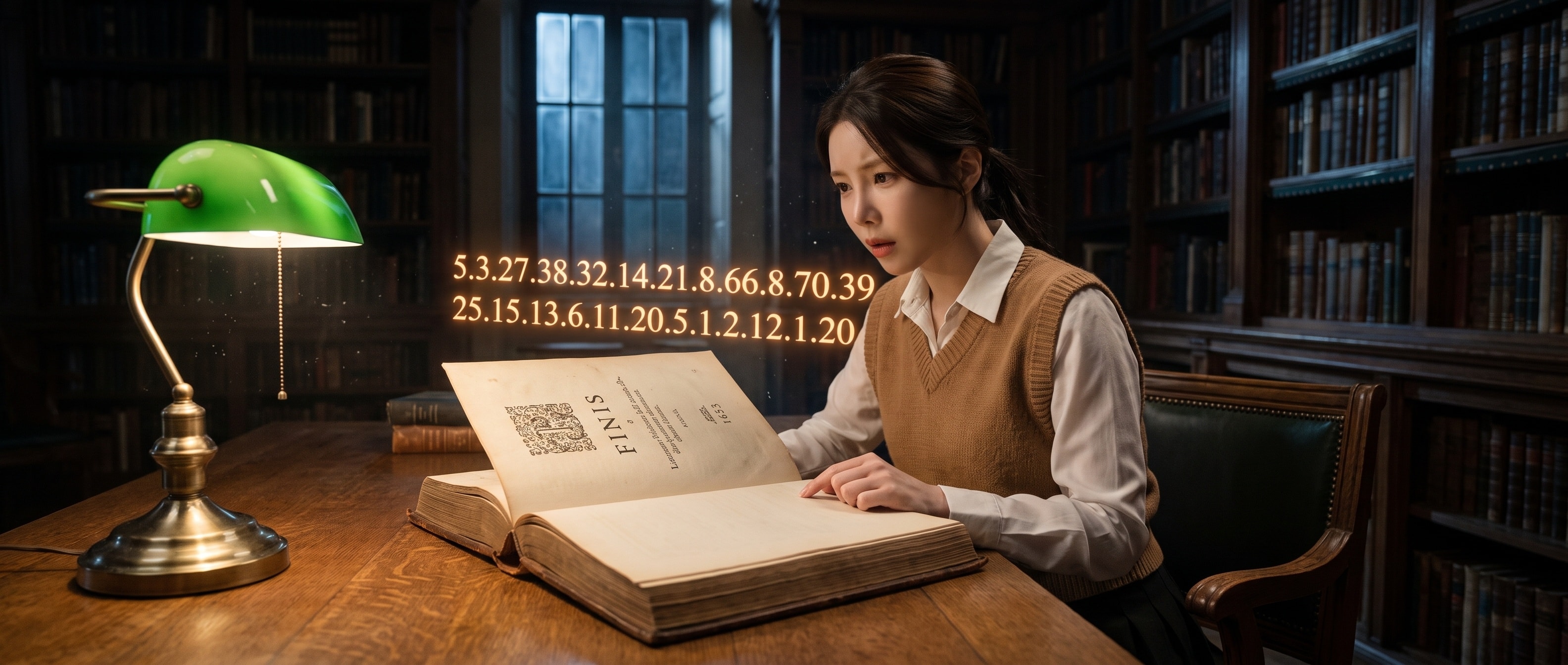 밤의 오래된 서고, 1653년 책을 펼친 채 마지막 페이지의 빈자리를 들여다보는 루나. 공중엔 해독된 숫자 줄이 빛으로 떠 있다