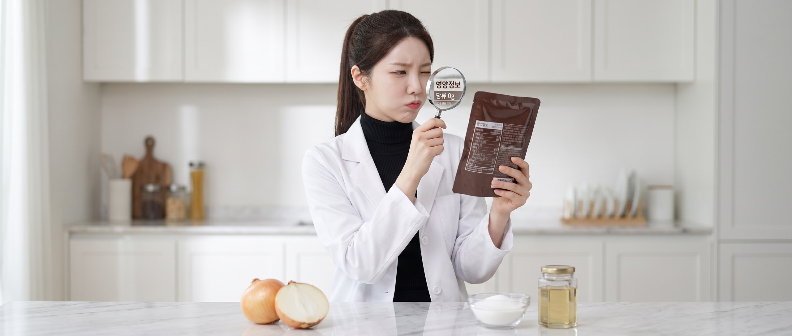 밝은 주방에서 흰 랩코트를 입은 루나가 갈색 카레 파우치 뒷면 라벨을 확대경으로 들여다본다 — 렌즈 안에 영양정보와 당류 0g 만 선명하고, 앞에는 반으로 쪼갠 양파와 설탕 그릇, 시럽 병