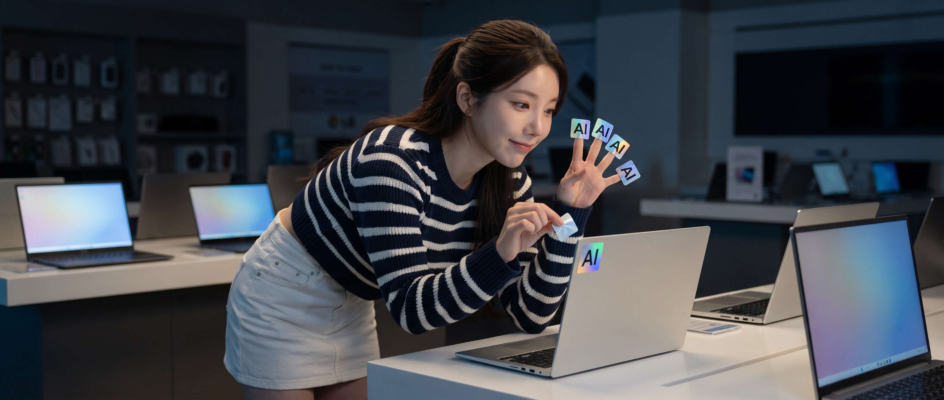 밤의 전자제품 매장에서 진열된 노트북의 AI 스티커를 떼어내는 루나