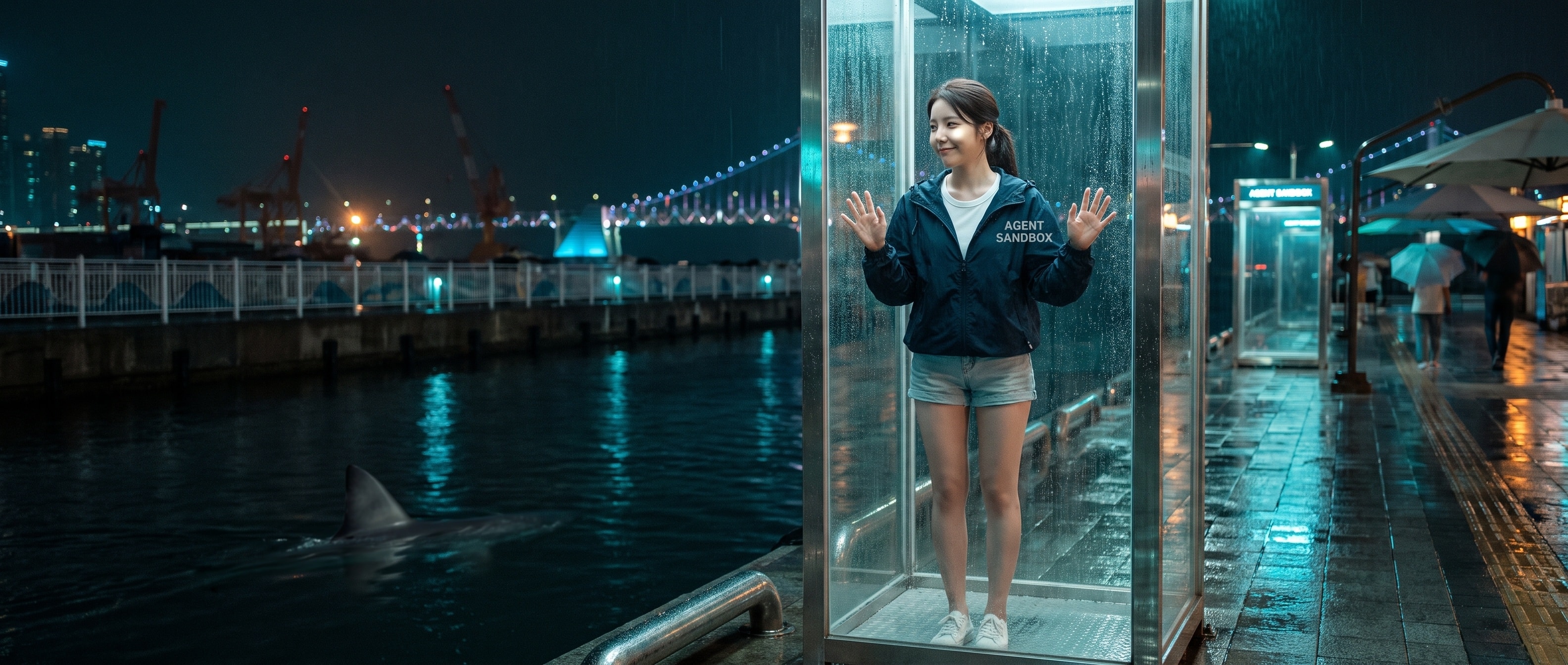 밤의 부산 북항 수로 산책로, 투명한 유리 상자 안에 선 루나와 그 밖 검은 물속을 자유롭게 헤엄치는 상어