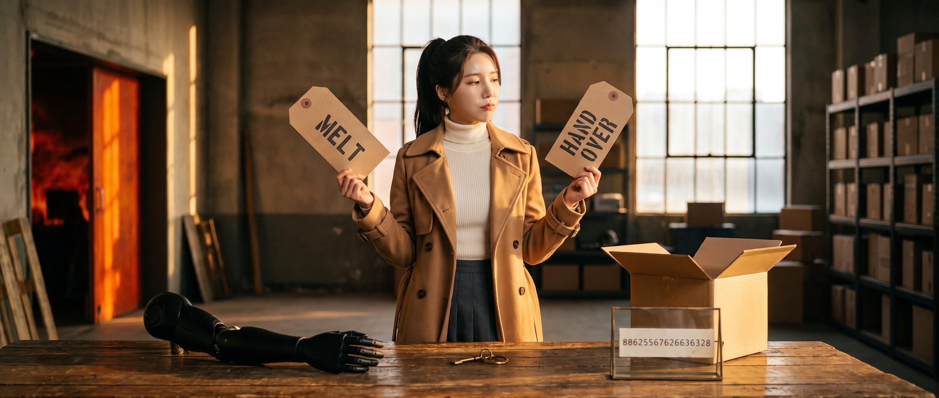 해 질 녘 위탁 창고의 작업대 앞에서 MELT 와 HAND OVER 라고 적힌 꼬리표를 양손에 들고 고민하는 루나