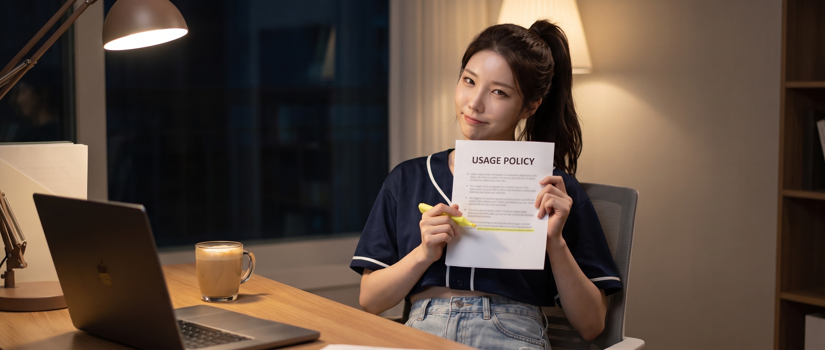 저녁 조명 아래 책상에 앉아 'USAGE POLICY' 라고 적힌 인쇄물의 불릿 목록을 형광펜으로 훑다가 맨 마지막 줄에서 멈춘 채 한쪽 눈썹을 올린 루나