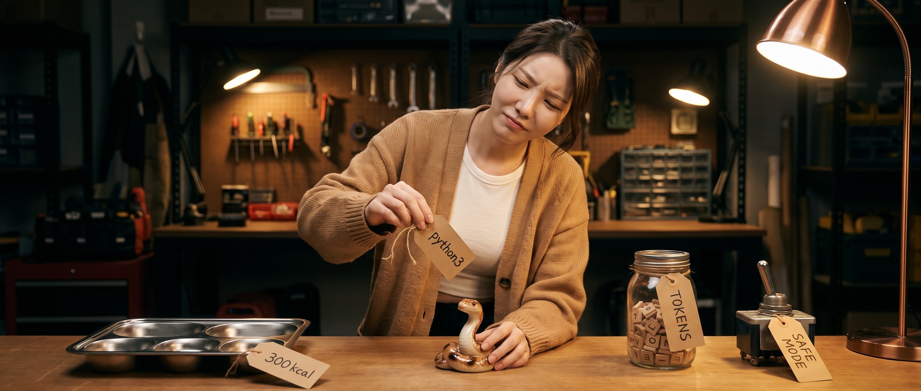 밤의 창고 작업대 위에 크라프트지 이름표가 달린 물건 네 개 — python3 이름표가 붙은 도자기 뱀, 300 kcal 이름표가 붙은 식판, TOKENS 이름표가 붙은 글자 타일 유리병, SAFE MODE 이름표가 붙은 토글 스위치 — 가 놓여 있고, 루나가 python3 이름표를 손끝으로 들추며 미심쩍은 표정으로 들여다보는 모습