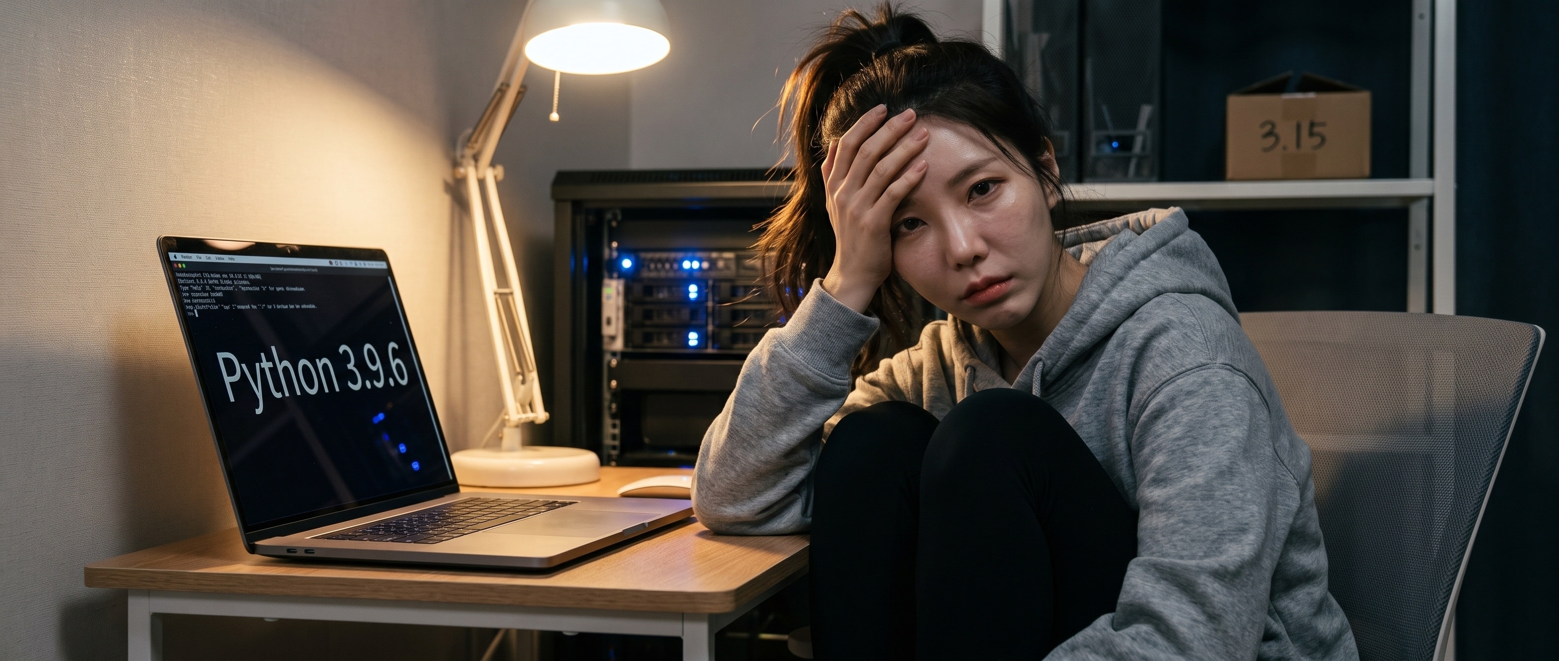 새벽의 어두운 작업실, 따뜻한 데스크 램프 아래 후드티 차림으로 반쯤 졸린 눈을 한 루나가 카메라 쪽을 보며 한 손으로 이마를 짚고 있고, 옆에 비스듬히 놓인 노트북 화면에는 Python 3.9.6 이라는 흰 글자, 뒤 선반에는 3.15 라고 적힌 작은 상자