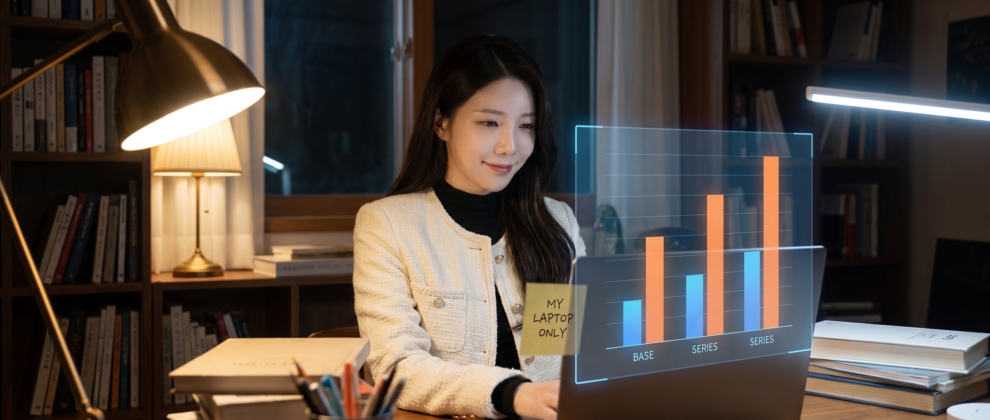 밤의 서재 책상에 앉은 루나 앞에 홀로그램으로 떠 있는 막대그래프 — 파란 막대 BASE 와 주황 막대 SERIES 가 세 쌍, 그 옆에 손글씨 메모 MY LAPTOP ONLY 가 붙어 있고 루나는 옅게 웃으며 그 메모 쪽을 보고 있다