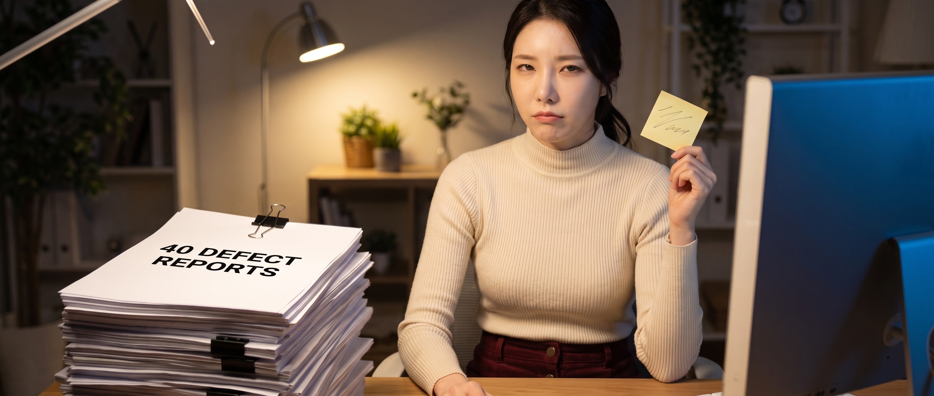 책상 위에 40 DEFECT REPORTS 라고 적힌 두꺼운 서류 묶음, 그 옆에서 세 줄짜리 작은 메모지 한 장을 들고 어이없다는 표정으로 카메라를 보는 루나