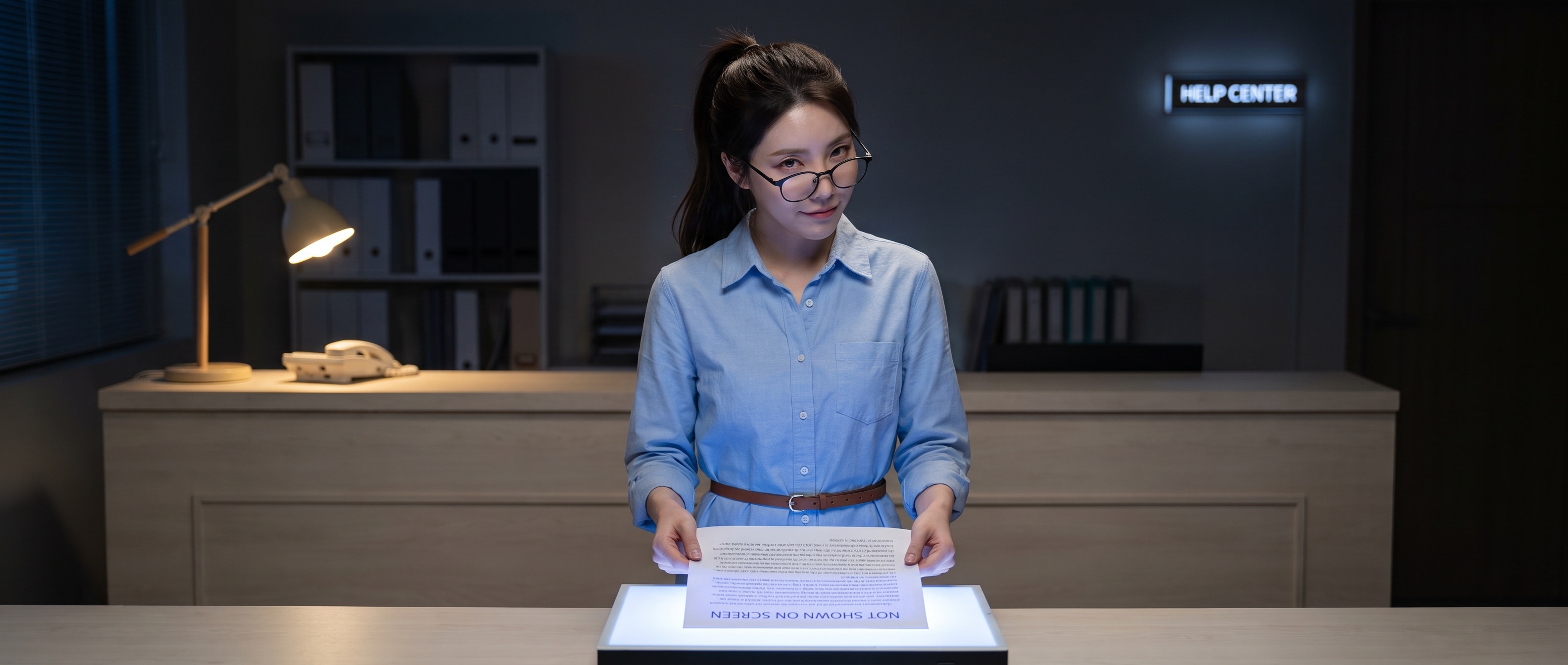 밤의 고객센터 카운터에서 인쇄된 도움말 페이지를 라이트박스에 비춰, 보이는 글 아래 푸르게 떠오르는 숨은 문단을 들여다보는 루나