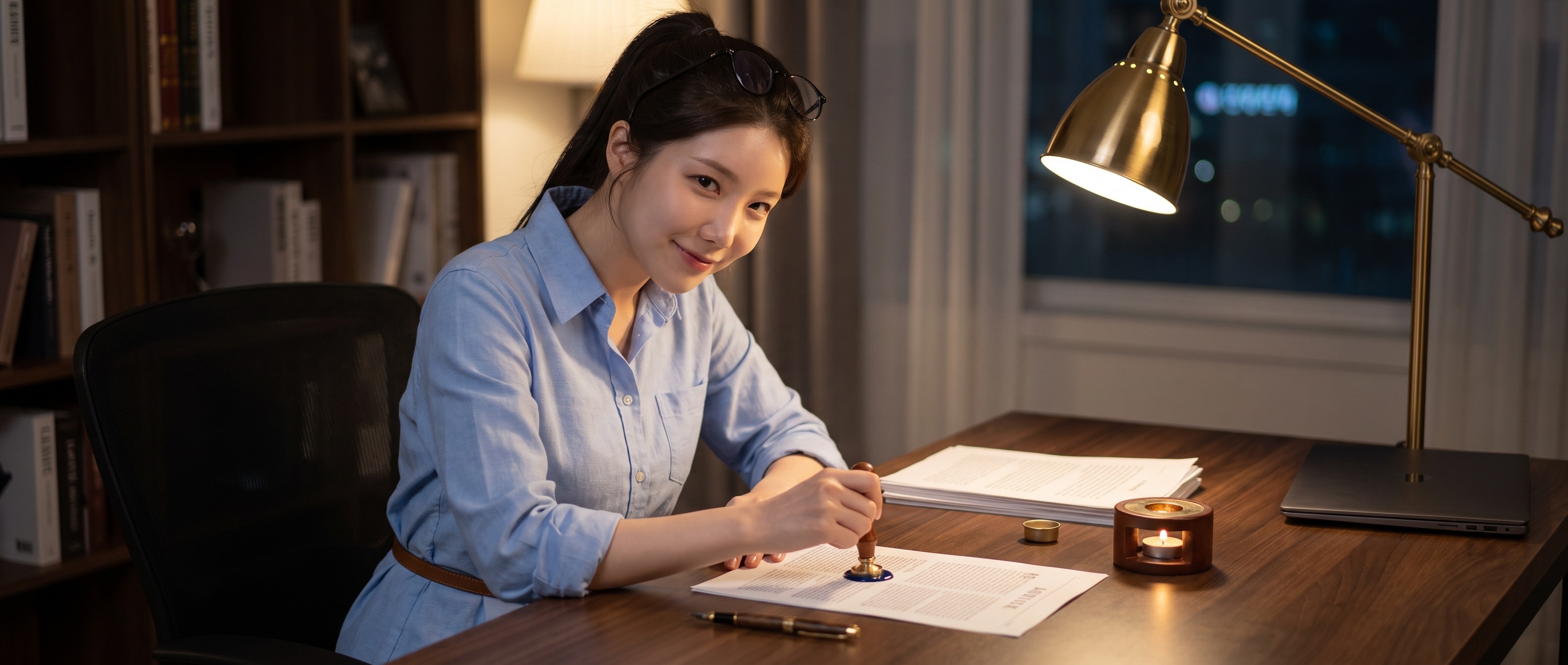 밤의 책상에서 인쇄한 글 위에 놋쇠 봉인 도장을 누르며 카메라를 올려다보는 루나