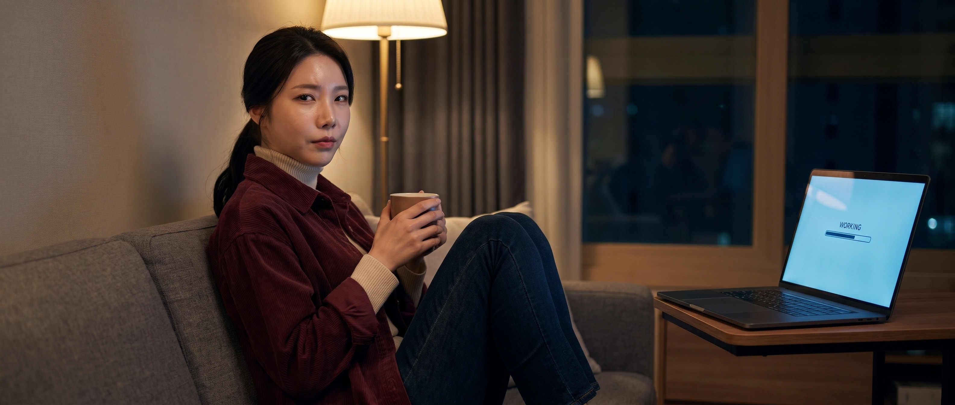 밤의 거실 소파에 앉아 머그를 들고 카메라를 보는 루나, 옆 책상의 노트북은 비스듬히 앞면을 보이며 WORKING 표시와 함께 혼자 돌아가고 있다