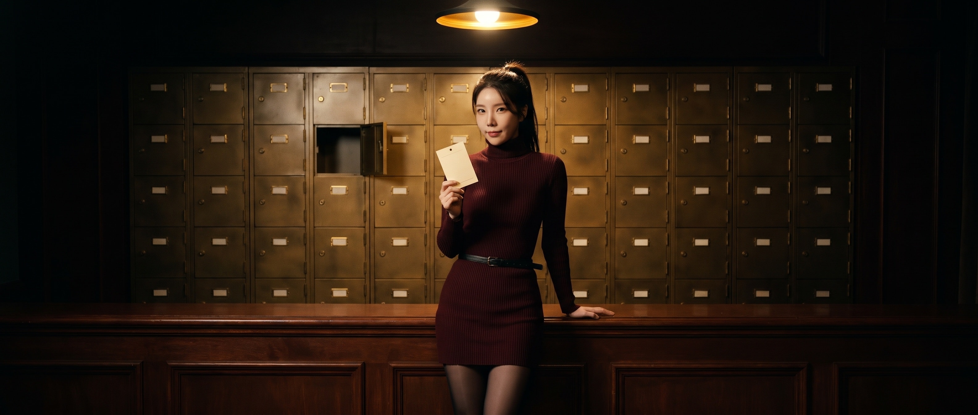 밤의 물품 보관소 카운터 뒤에 선 루나, 번호판만 달린 놋쇠 보관함 벽 가운데 한 칸이 열린 채 비어 있고 루나는 종이 보관증 한 장을 카메라 쪽으로 들어 보이고 있다