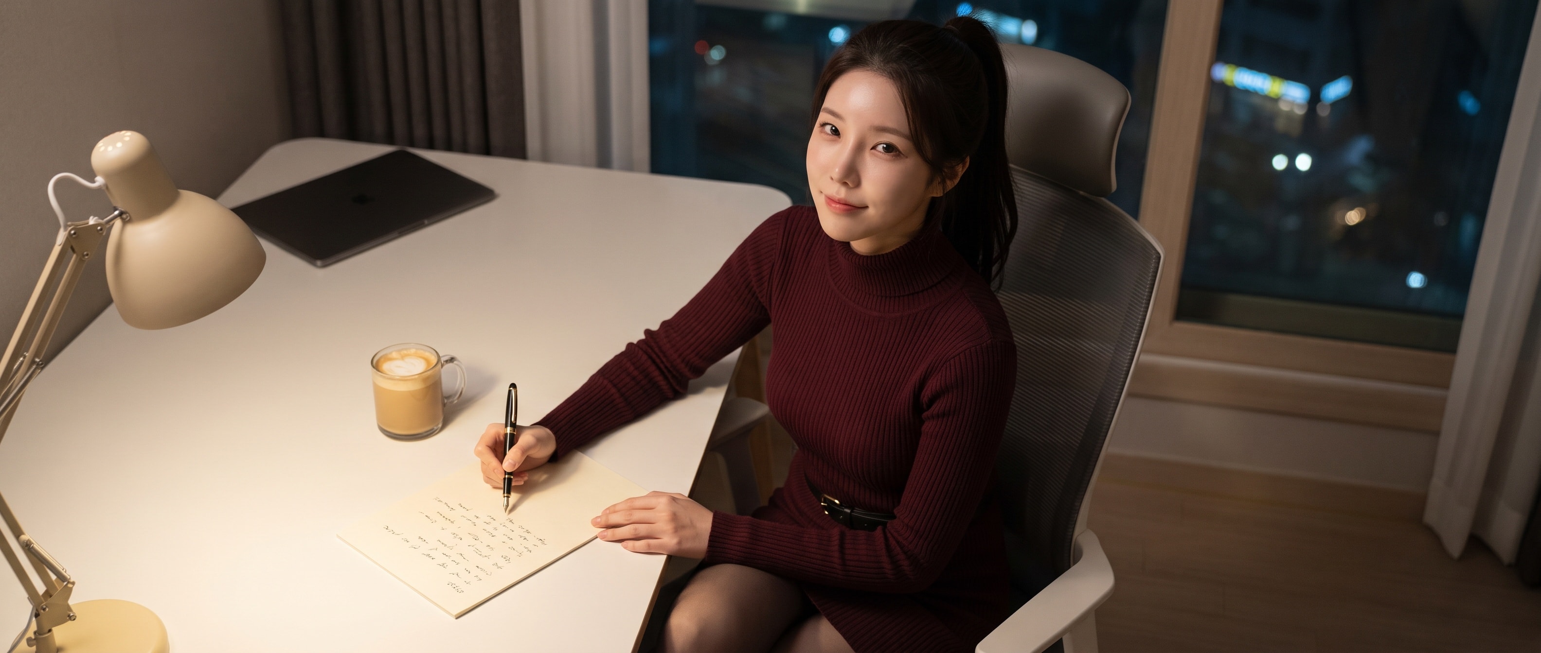 밤의 홈오피스 책상에서 노트북을 닫아 한쪽으로 밀어 두고, 종이에 펜으로 글을 쓰다가 고개를 들어 카메라를 보는 루나
