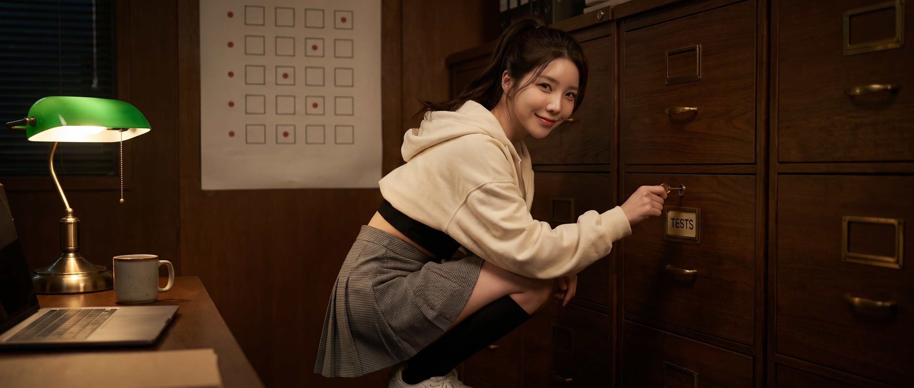 밤의 작업실, 초록 갓 스탠드 아래에서 루나가 묵직한 나무 캐비닛 앞에 살짝 쭈그려 앉아 TESTS 라고 적힌 놋쇠 명판이 달린 서랍을 작은 열쇠로 잠그며 어깨 너머로 카메라를 보고 있고, 뒤 벽엔 줄마다 빨간 점 하나씩 찍힌 빈 격자, 책상엔 닫힌 노트북